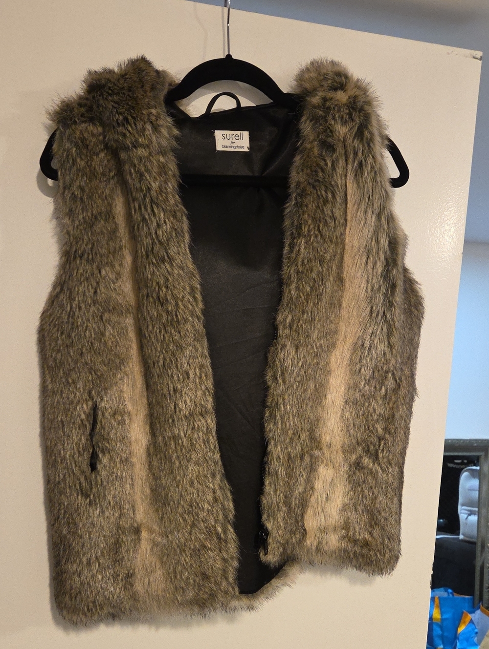 Surell Faux Fur Open-Front Vest in Taupe Brown